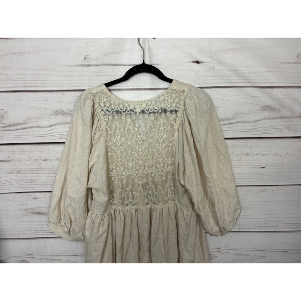Umgee Oatmeal Linen Blend Lace Back Boho Babydoll Dress Beige Large - Picture 6 of 11
